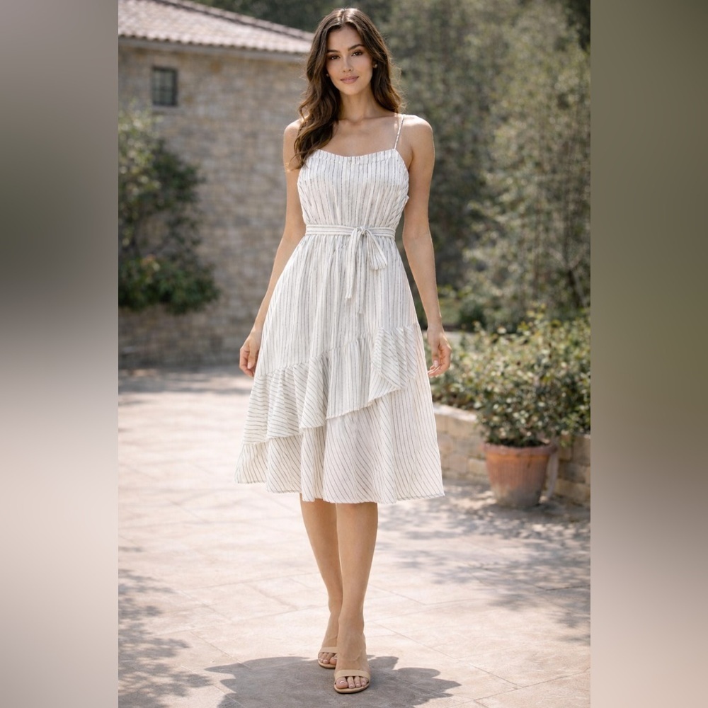 345. Elegant White & Blue Striped Dress
